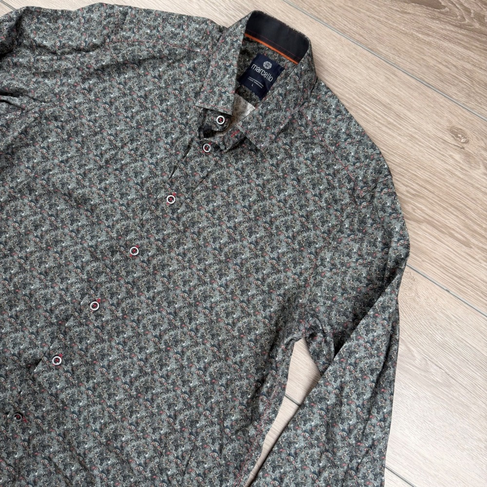 Marcello Mens Button Up Shirt Paisley Print Long Sleeve Cotton Gray Large